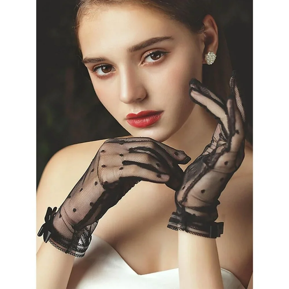 Women's #2 Black Short Floral Evening Sheer Gloves Bridal Wedding Party Tea